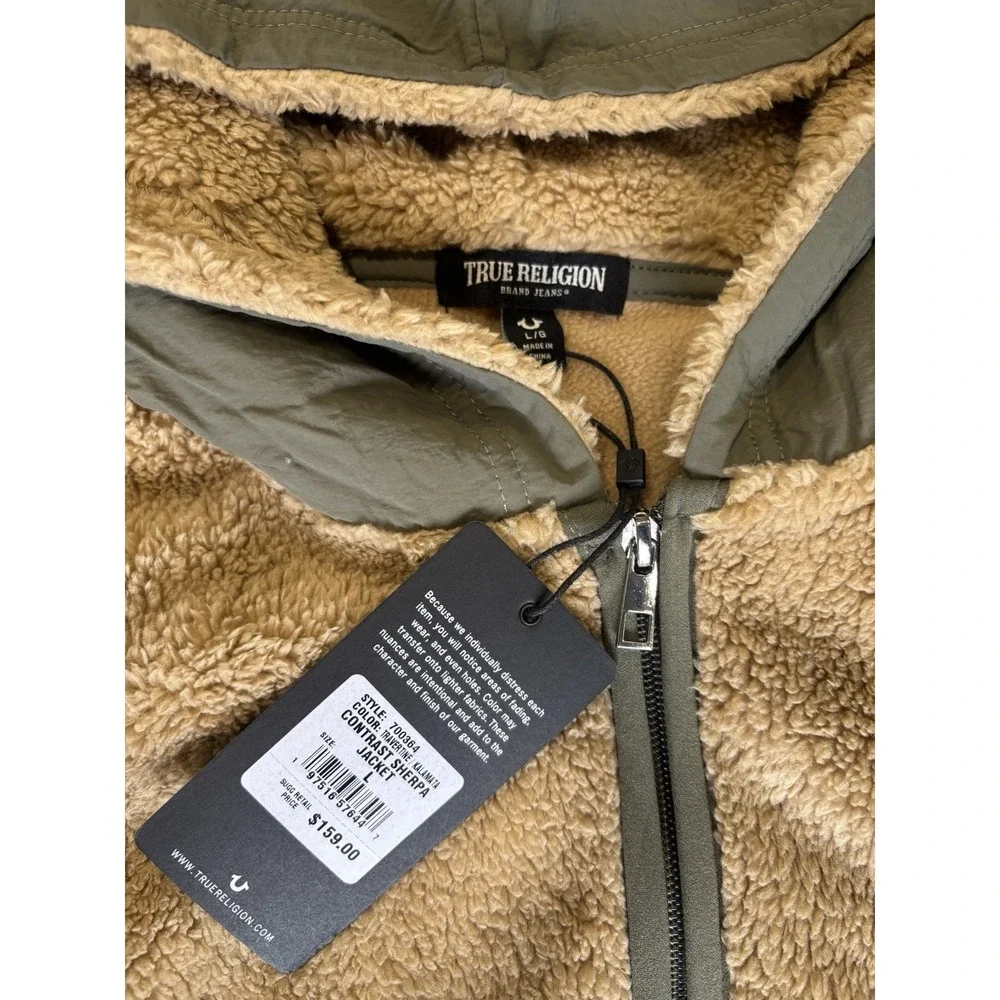 Men's Size Large True Religion Sherpa Tan And Green Zip Up Jacket New With Tags
